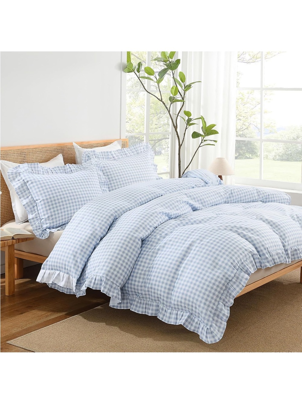 NEW Andency Blue Gingham 3-piece Duvet Cover King, Ruffle Shabby Chic
